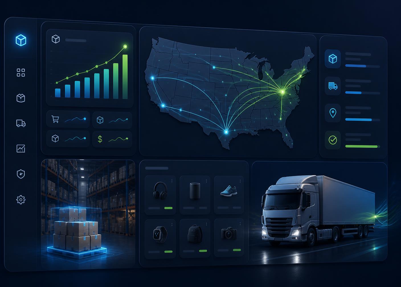 Saif Outlet warehouse dashboard showing US shipping routes, live order analytics, and same-day fulfillment